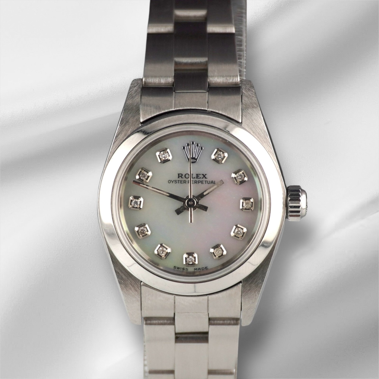 Rolex Oyster Perpetual 25mm Steel White MOP Diamond Smooth Oyster Watch 67180
