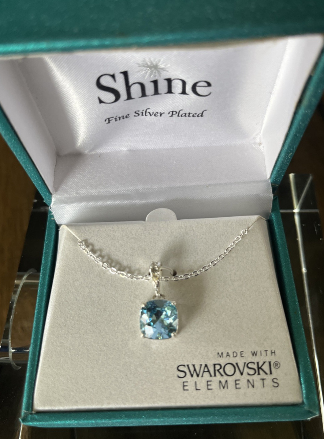 Shine Fine Silver Plted Cushion Cut Blue Crystal Necklace Swarovski Elements NIB