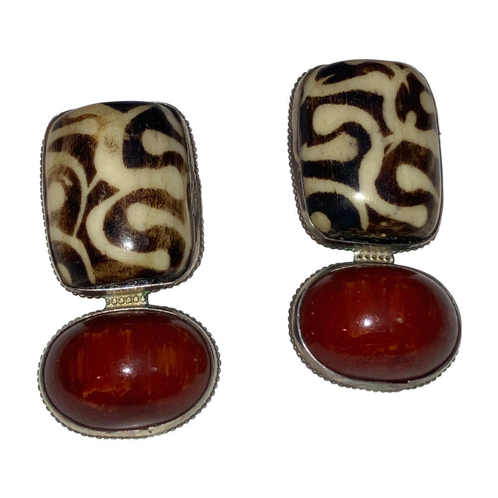 Sterling Dyed Water Buffalo Bone Cherry Amber Earrings