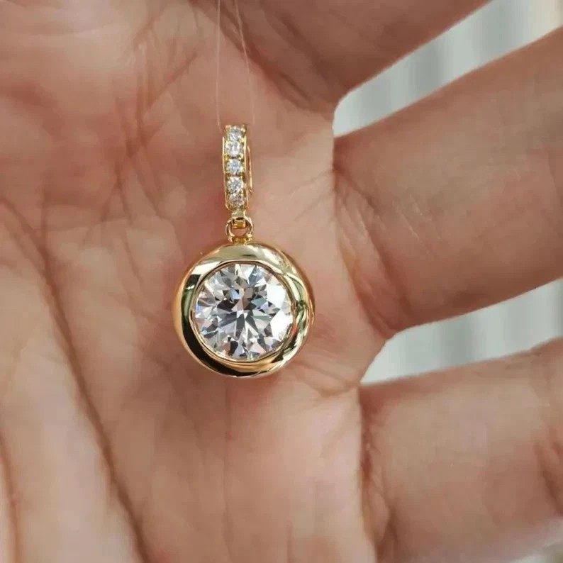 2CT Round Cut Created Diamond Bezel Set Charm Pendant 14k Yellow Gold Plated