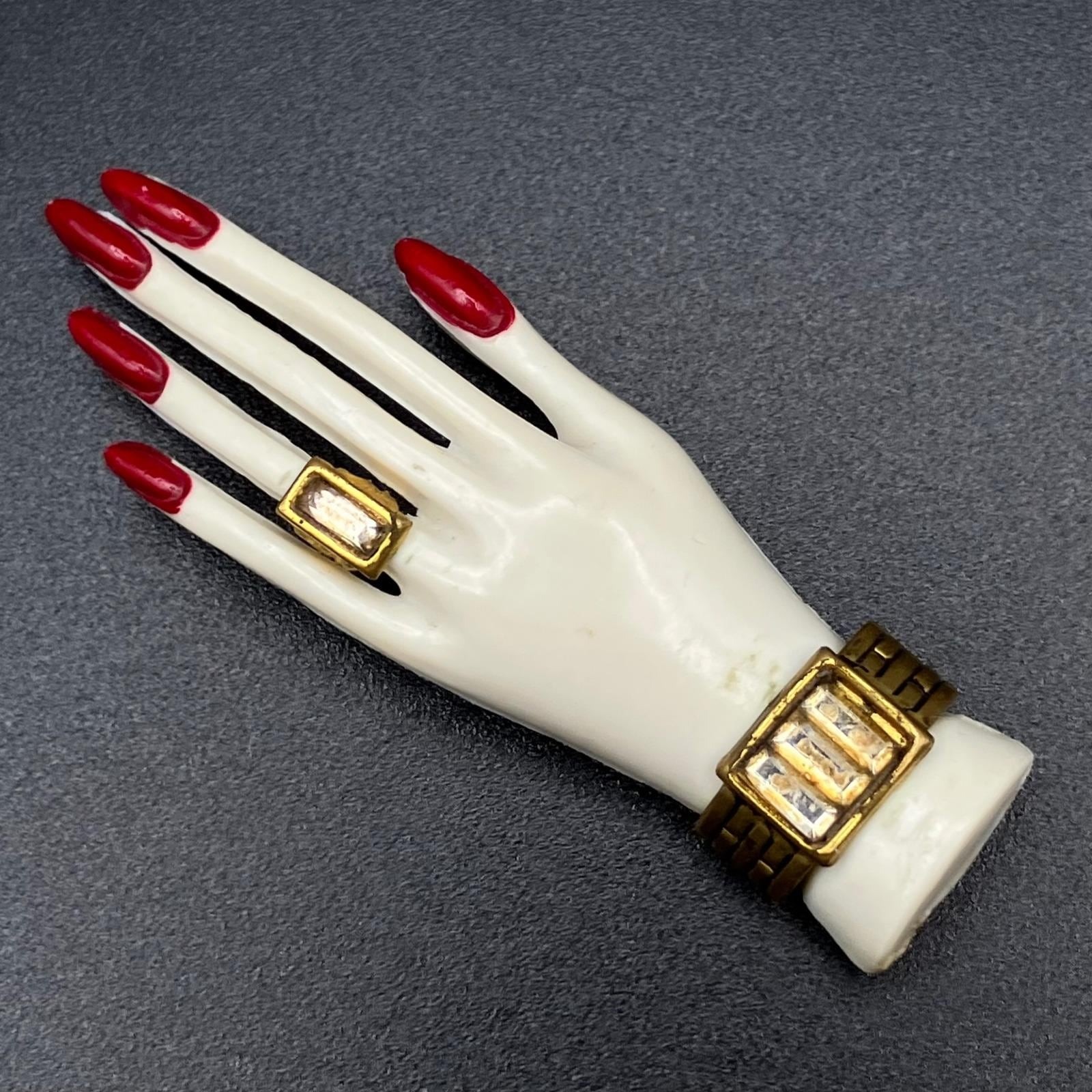 Vintage Hand Brooch White Plastic Figural Pin Gold Ring Bracelet Red Nails MCM