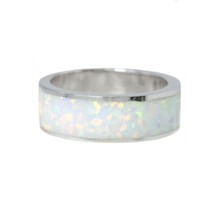 Created Opal Sterling Ring 6MM White Fire Silver 925 Band Eternity Size 5 – 10.5