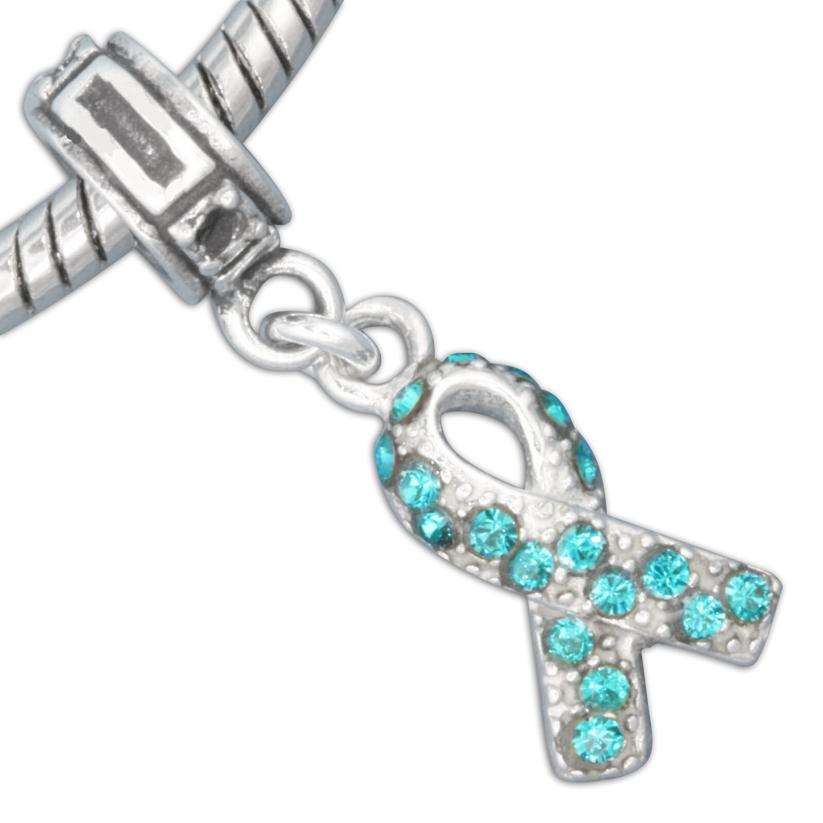 Ovarian Cancer Teal Crystal Ribbon 925 Solid Sterling Silver European Bead Charm