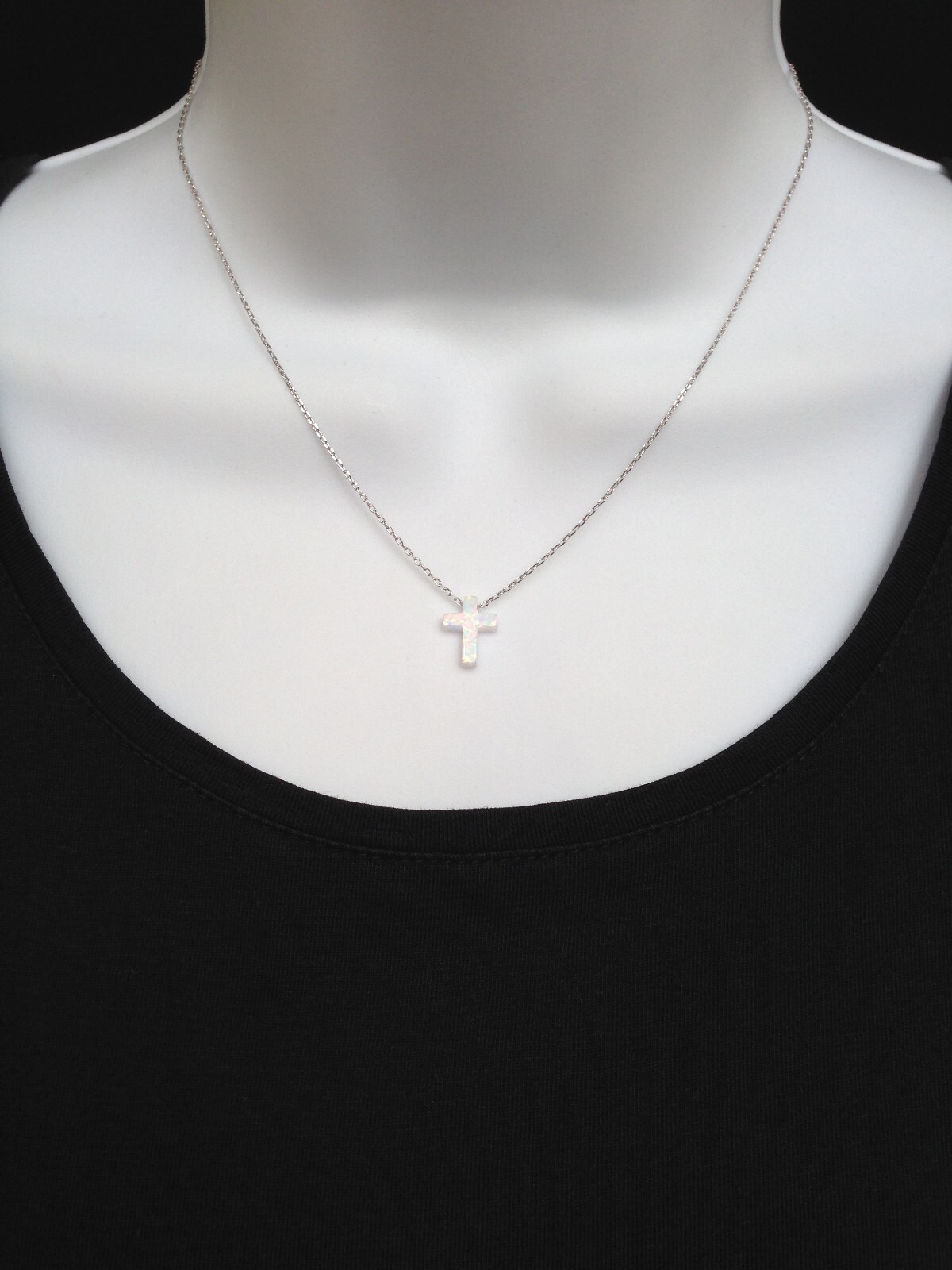 White Opal Cross Necklace 925 Sterling Silver Womens Girls 12mm 17.75″ Simulated