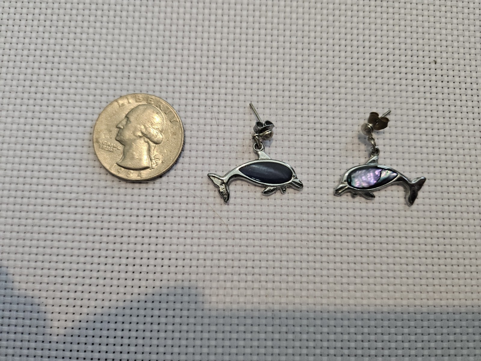 Silver Tone Dolphin Abalone Shell Inlay Dangle Earrings Ocean Beach Nautical Jew