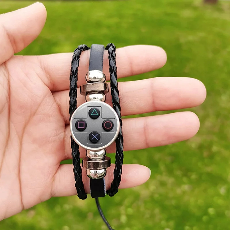 FIMAOHip Hop Video Game Controller Bracelet Leather Braided Glass Button