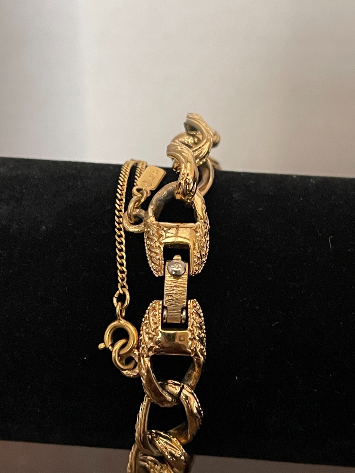Vintage Monet Bracelet Textured Gold Tone Chain Link Signed & Marked with Safety