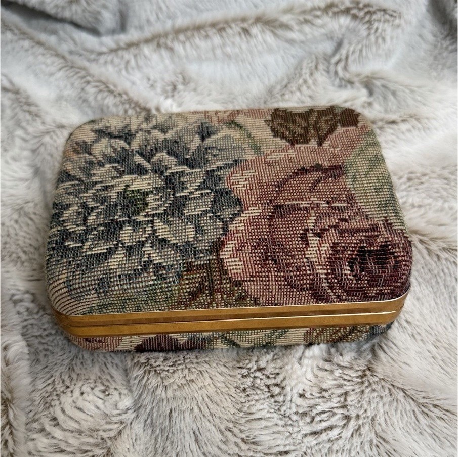 Floral Tapestry Jewelry Box Velvet Lined Compartments 4.75×3.75in Fabric Metal