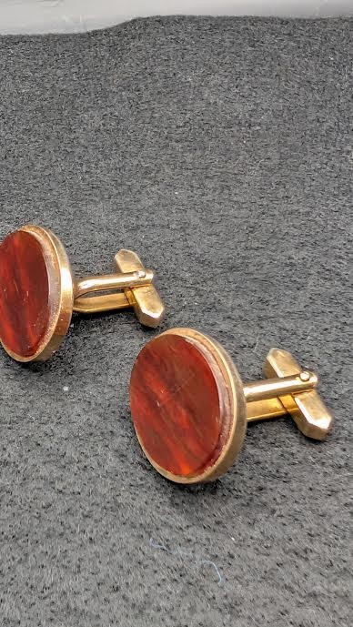 Vintage Germany Burgundy Enamel & Gold Tone Cufflinks Retro