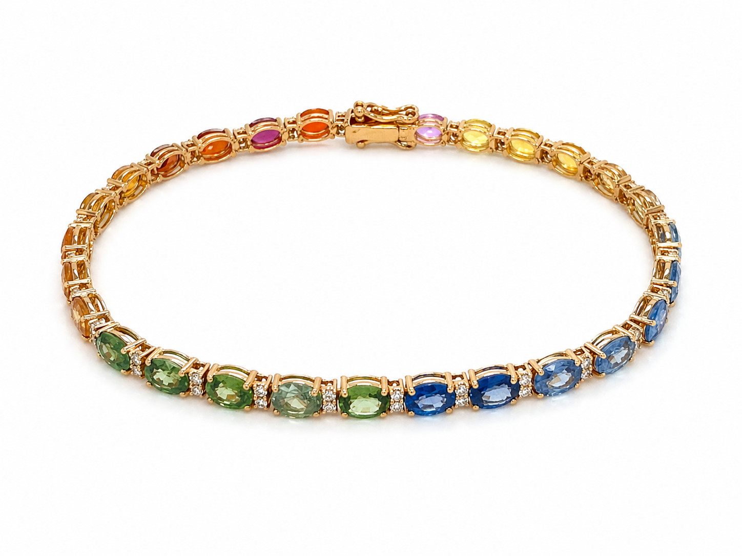 12.05 cttw Multicolor Natural Rainbow Sapphire Oval Cut Diamond Bracelet 18KY