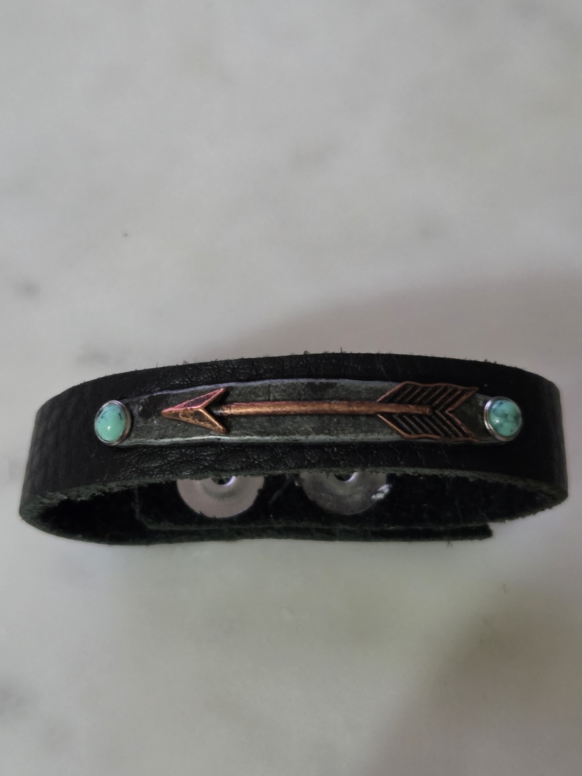 Dark Brown Leather Snap Cuff Bracelet PatinaArrow w/ 2 Blue Round Stones