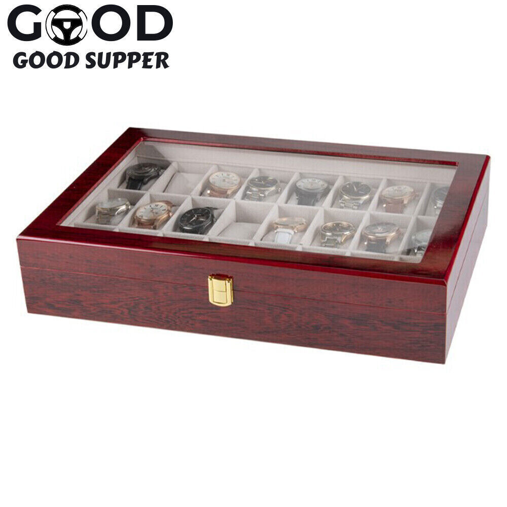 24 Slot Wood Box Watch Holder Storage Display Case Jewelry Large Storage Space