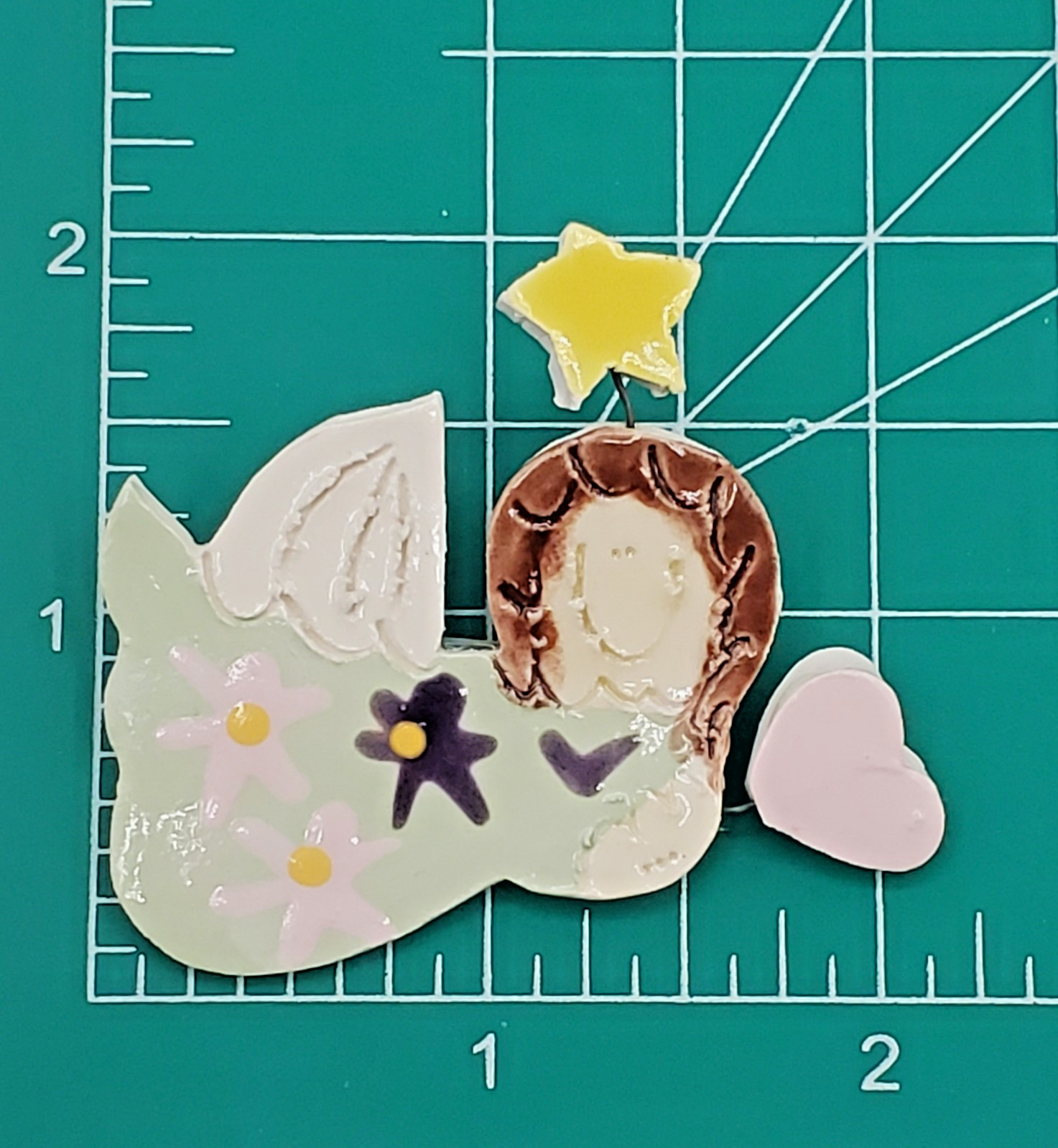 Hand Crafted Angel Brooch 2in Painted Ceramic Floating Heart Star Artisan Pin