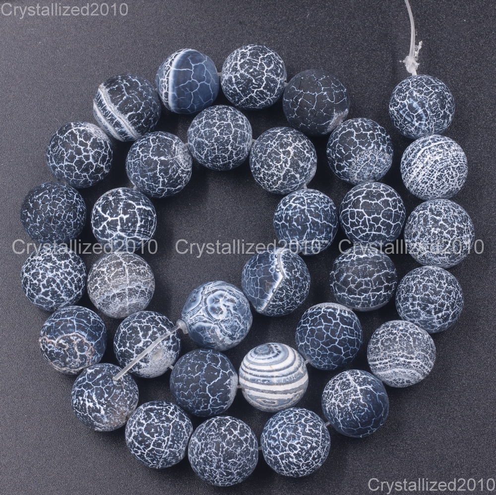 Matte Frosted Black Fire Crackle Agate Gemstones Round Beads 6mm 8mm 10mm 15″