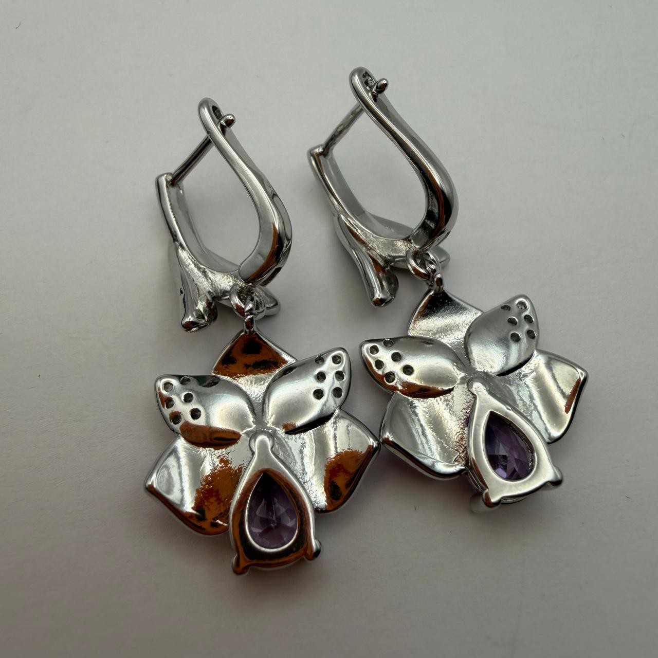 925 Sterling Silver Purple Flower Crystal Dangle Drop Earrings Women Jewelry