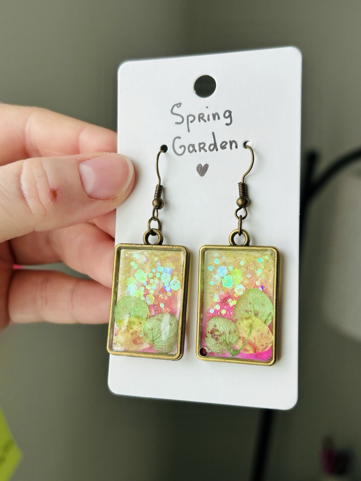 Spring Garden Resin Square Earrings Handmade Real Dried Flower Botanical