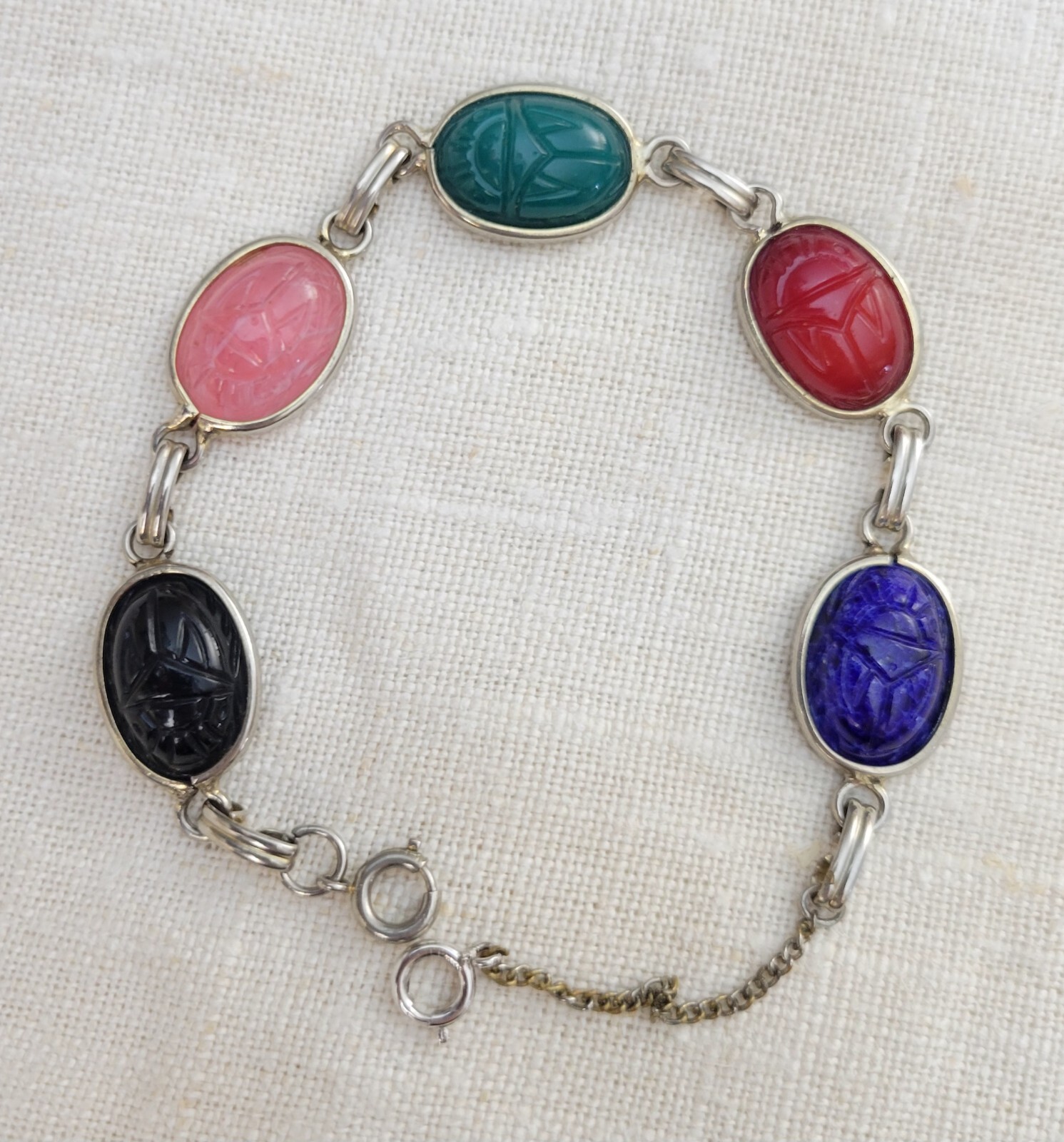 Vintage Multi-Gemstone Egyptian Scarab Link Bracelet – Adjustable 7-9″