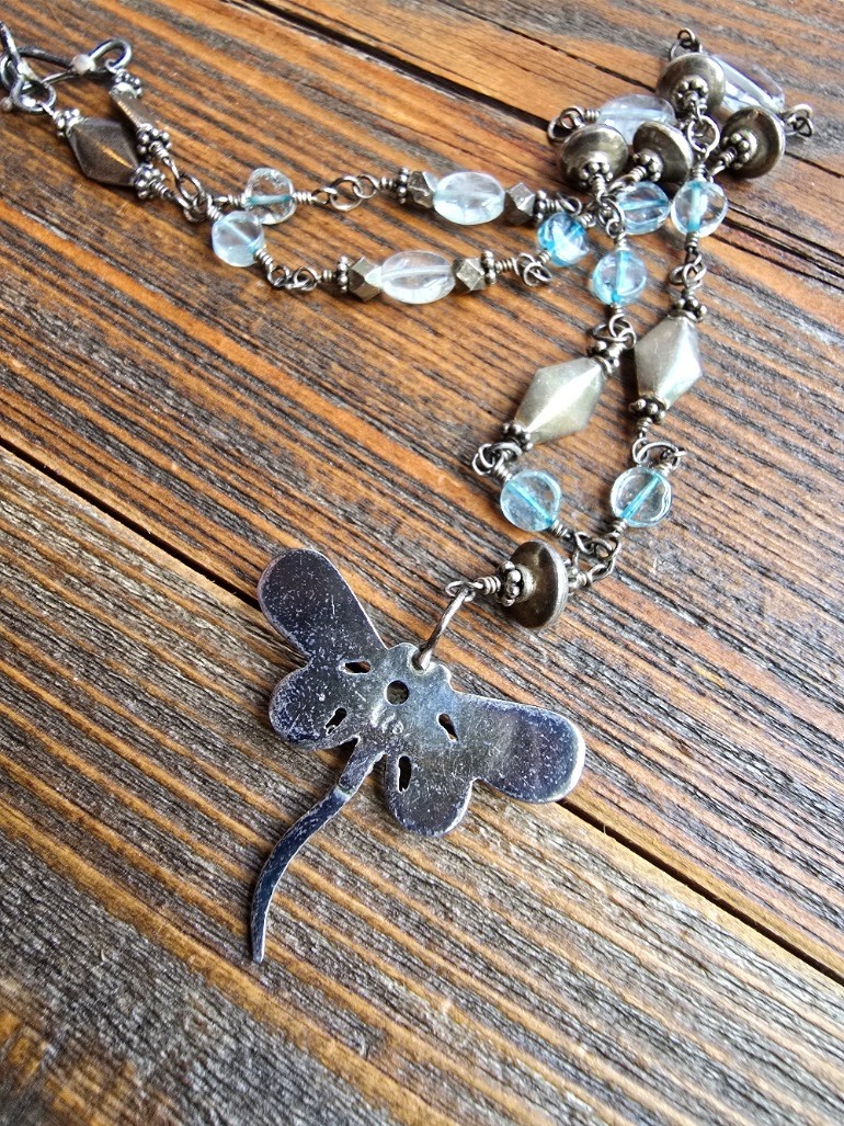 Vintage Artisan Sterling Silver Dragonfly Necklace Blue Topaz/Quartz 20.69g