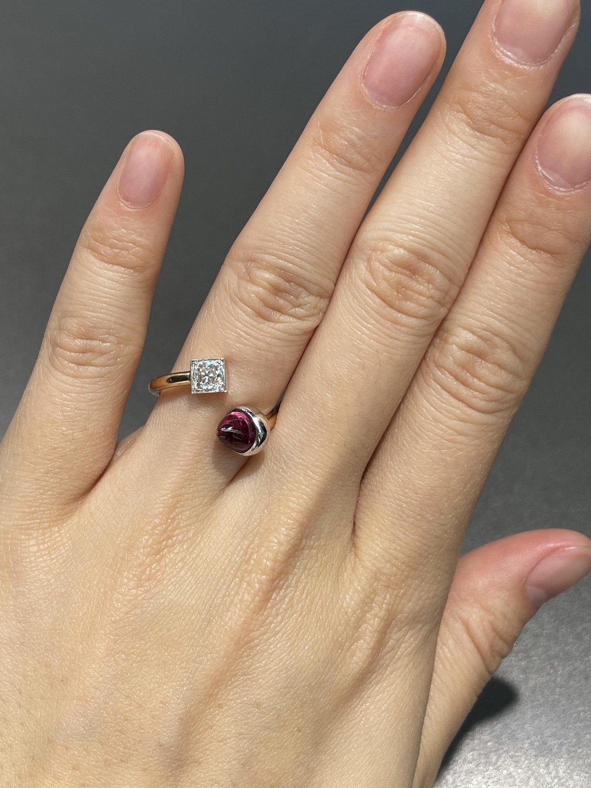 Platinum 14K Gold Garnet Old Mine Cut Diamond Toi Et Moi Ring