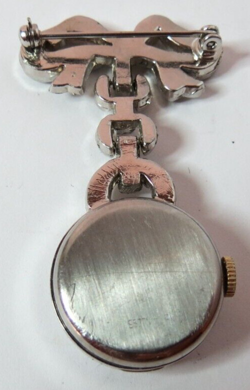 VINTAGE WOMEN GENIVA PIN BROOCH 7’J WATCH BLACK DIAL MANUAL WIND RINESTONES RUNS