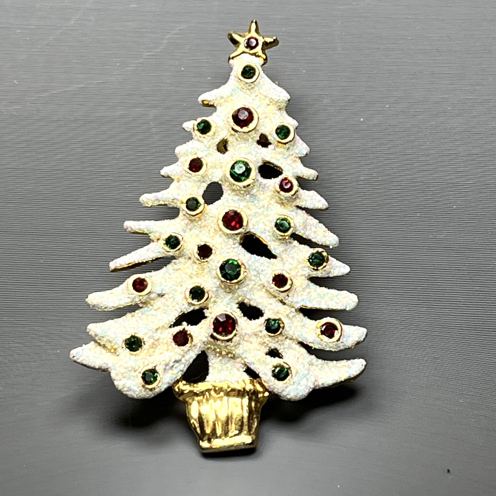 Eisenberg Ice Co. Vintage Rhinestone White Flocked Christmas Tree Brooch Pin