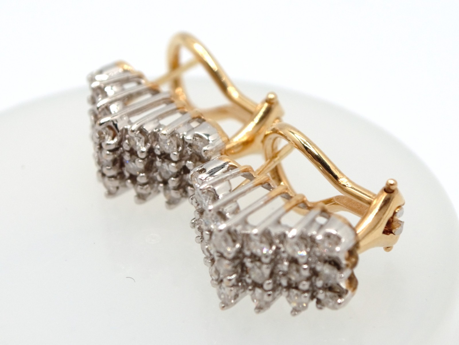 14K Yellow & White Gold Diamond 3D Cluster Huggie Hoop Earrings 6.69 Grams