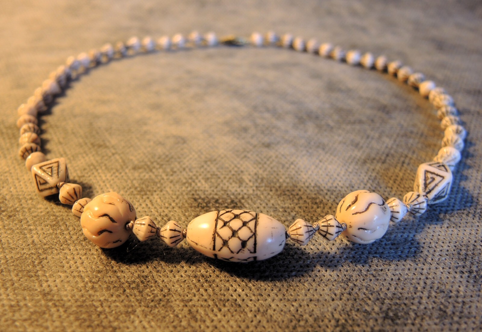 Rare Antique Czech Bohemian Molded Cream Glass Beads Necklace, Knotted