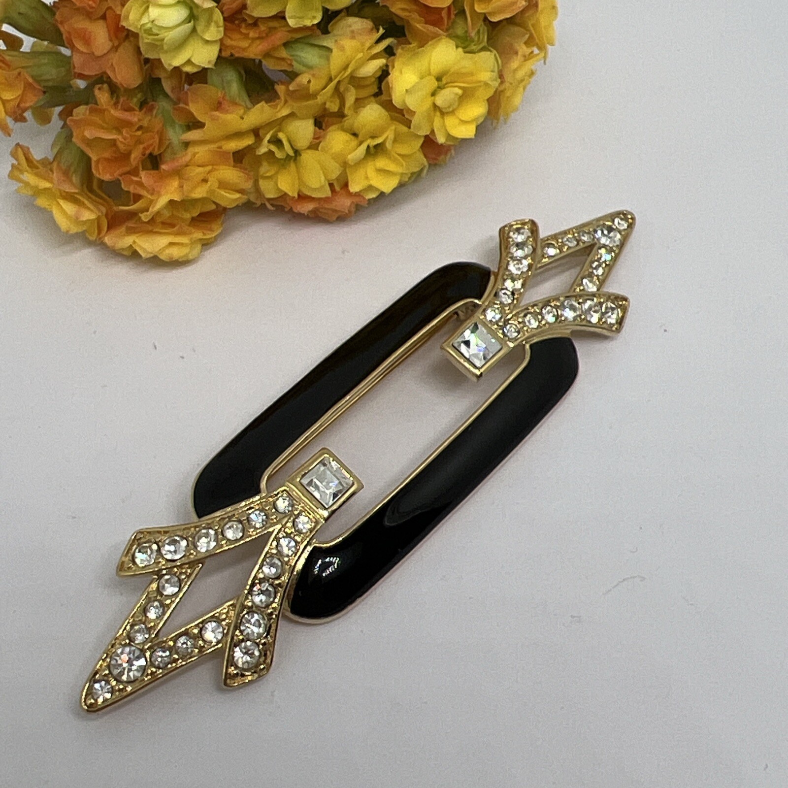 Signed Trifari 3.4” Brooch Pin Black Enamel/Gold Tone Clear Rhinestone 7020