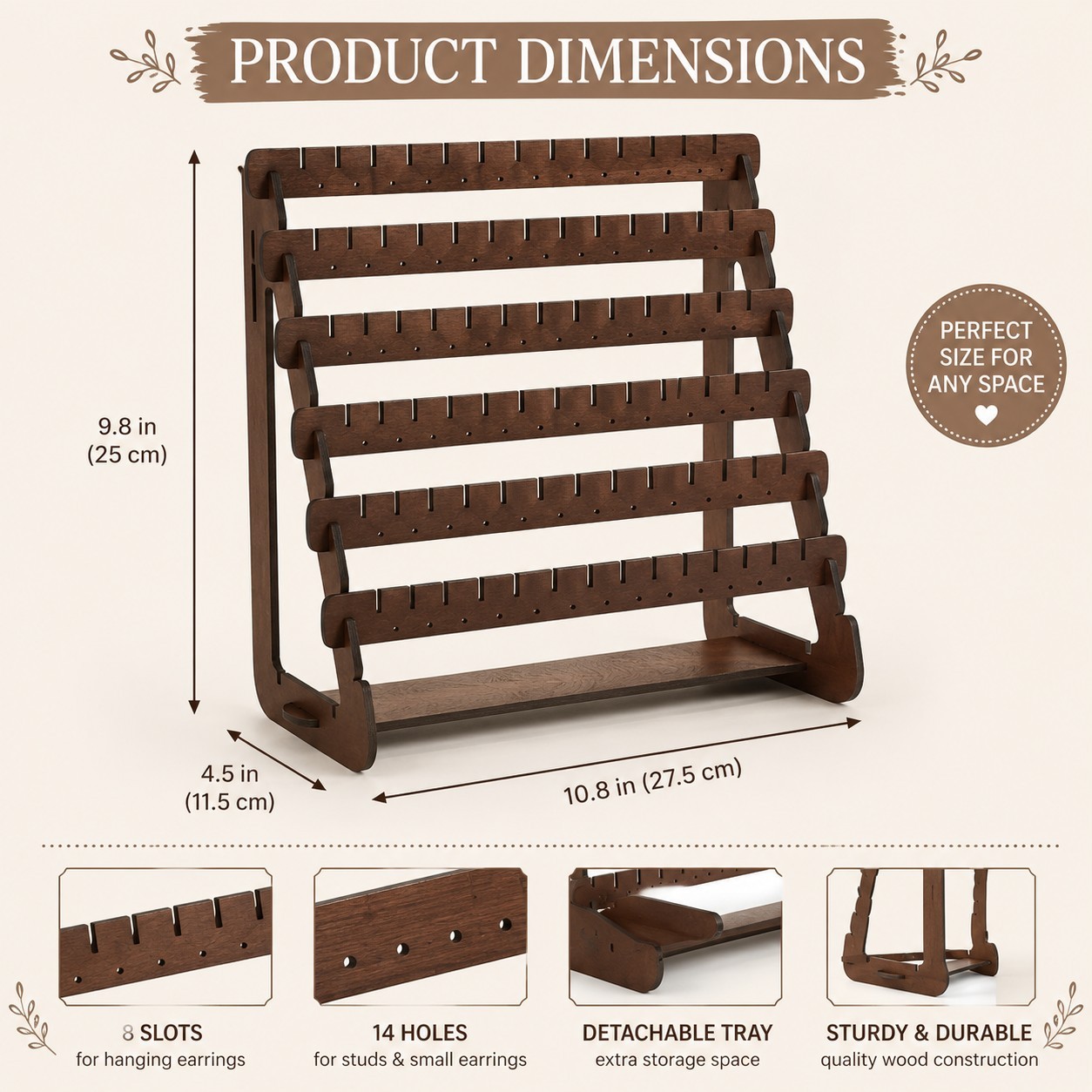 Wood Earring Holder Organizer Display Stand Jewelry Rack 8-Tier Walnut…