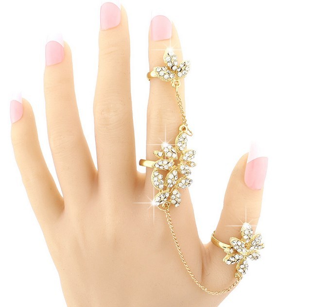Women Fashion Charms Hollow Out Flower Full Finger Link Double Finger Ring AK