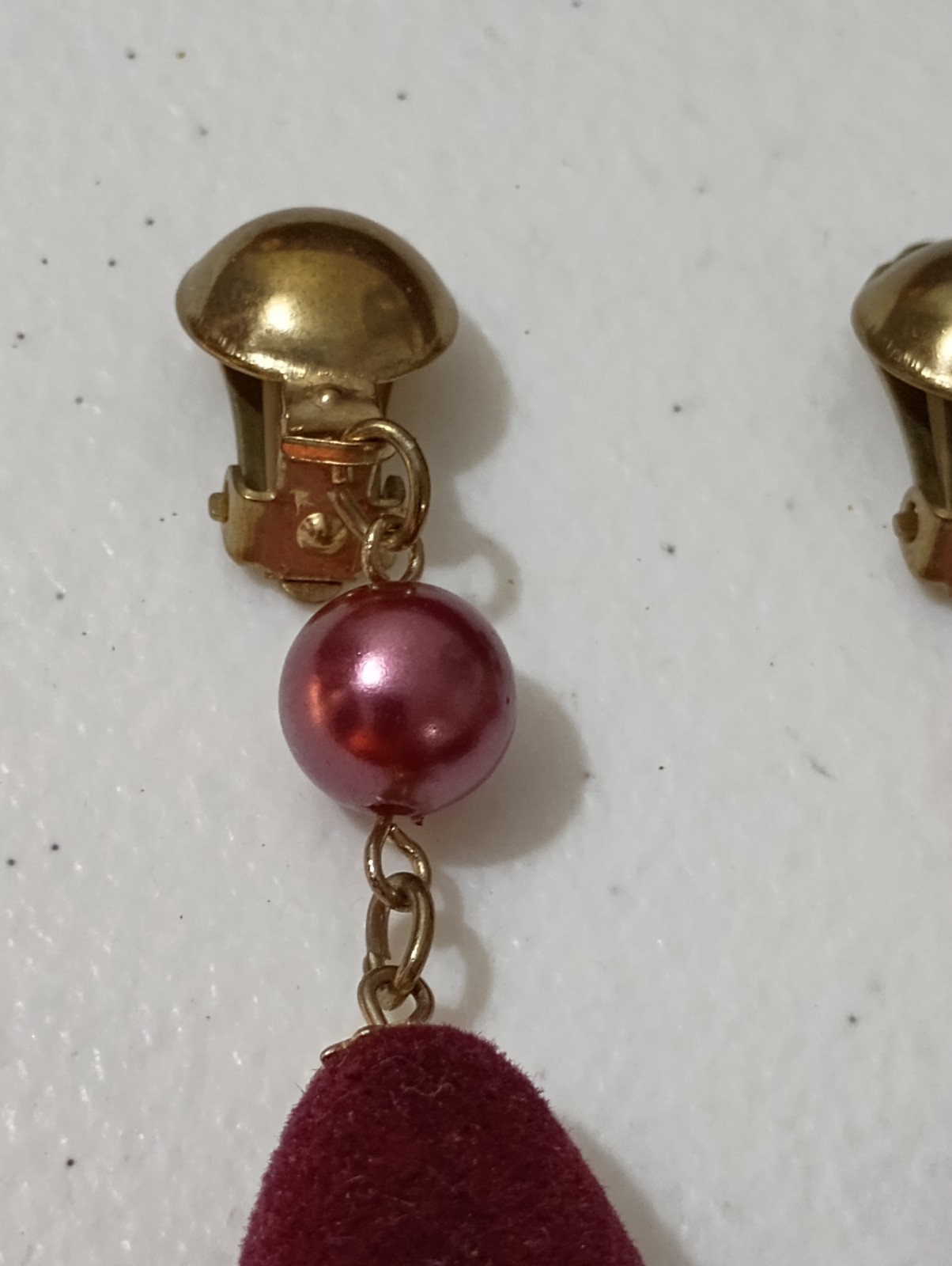 Long 1970s Velvet Purple Bead Brass Gold Tone Dangle ClipOn Earrings ~2.8 in