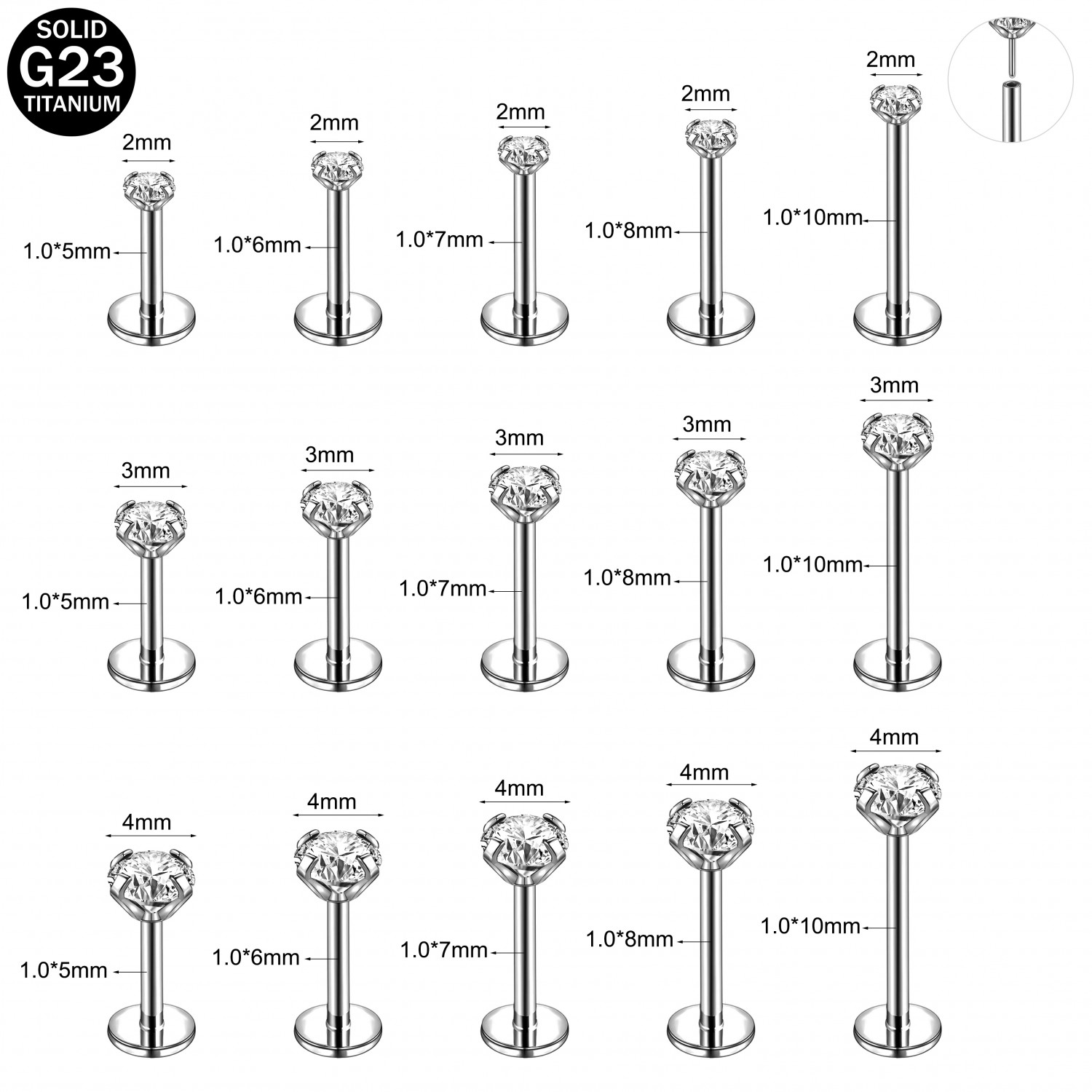 16G/18G/20G Titanium Lip Studs CZ Cartilage Earring Push in Labret Lip Piercing