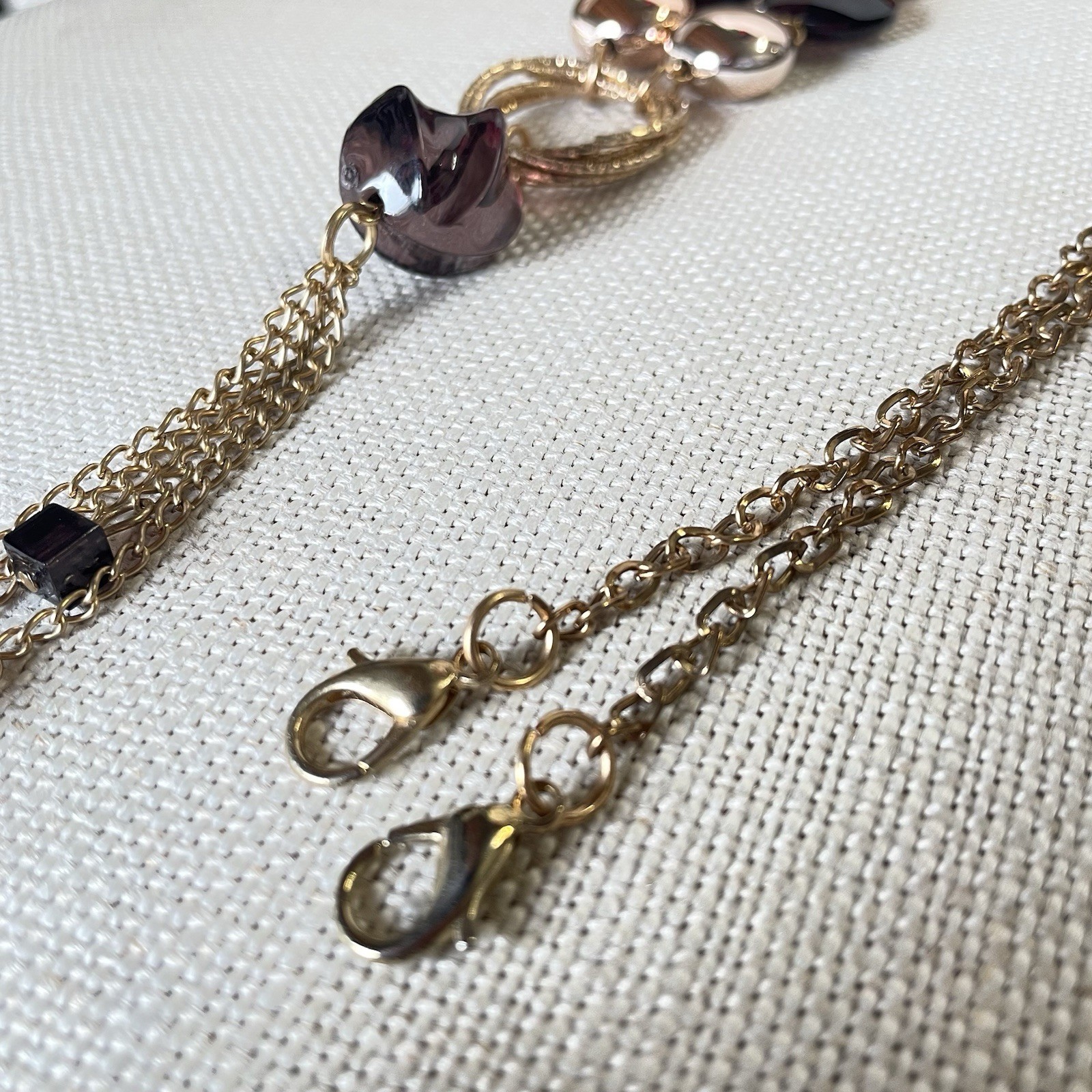 Chunky Boho Statement Necklace Rose Gold Copper Tone Purple Faceted Bead Tassel