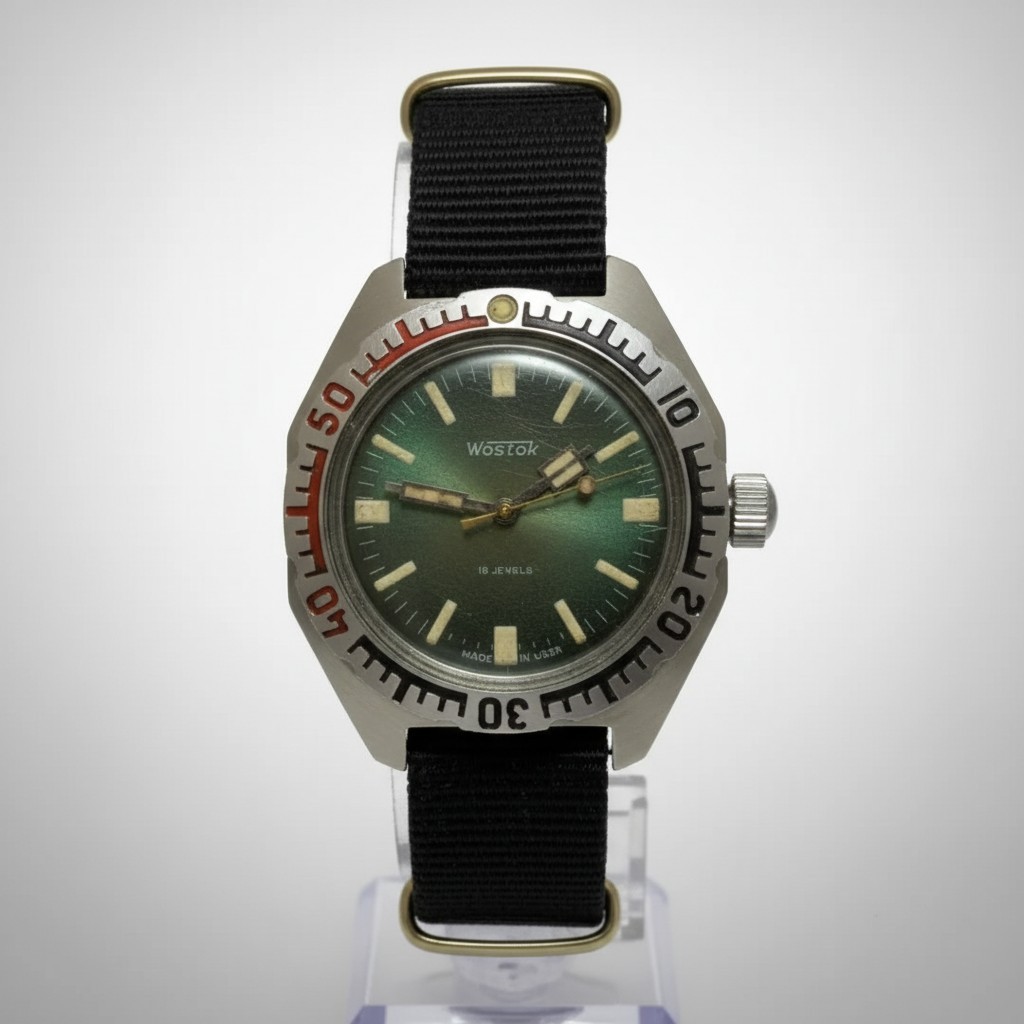 Vintage Mens Watch Vostok Amphibia Komandirskie USSR 17 Jewels Green Dial Steel