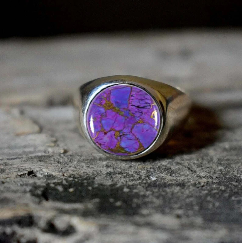 Solid 925 Sterling Silver AA Natural Purple Copper Turquoise Gemstone Men’s Ring