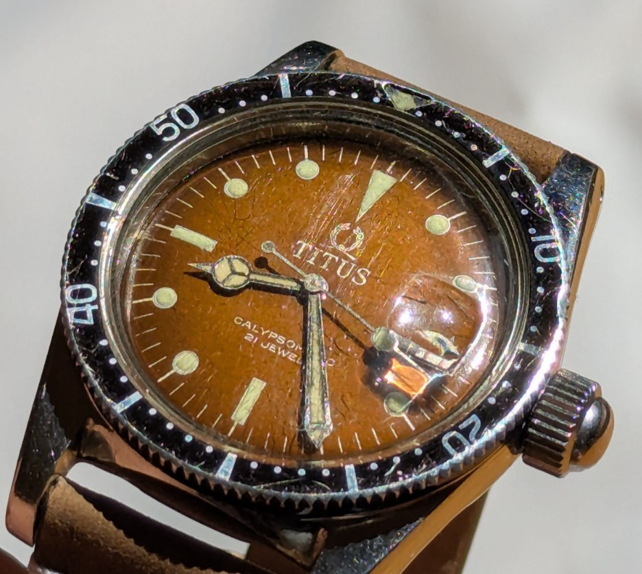Vintage Titus Calypsomatic 7085 RARE Brown Dial Big Crown Model Caliber ETA 2472