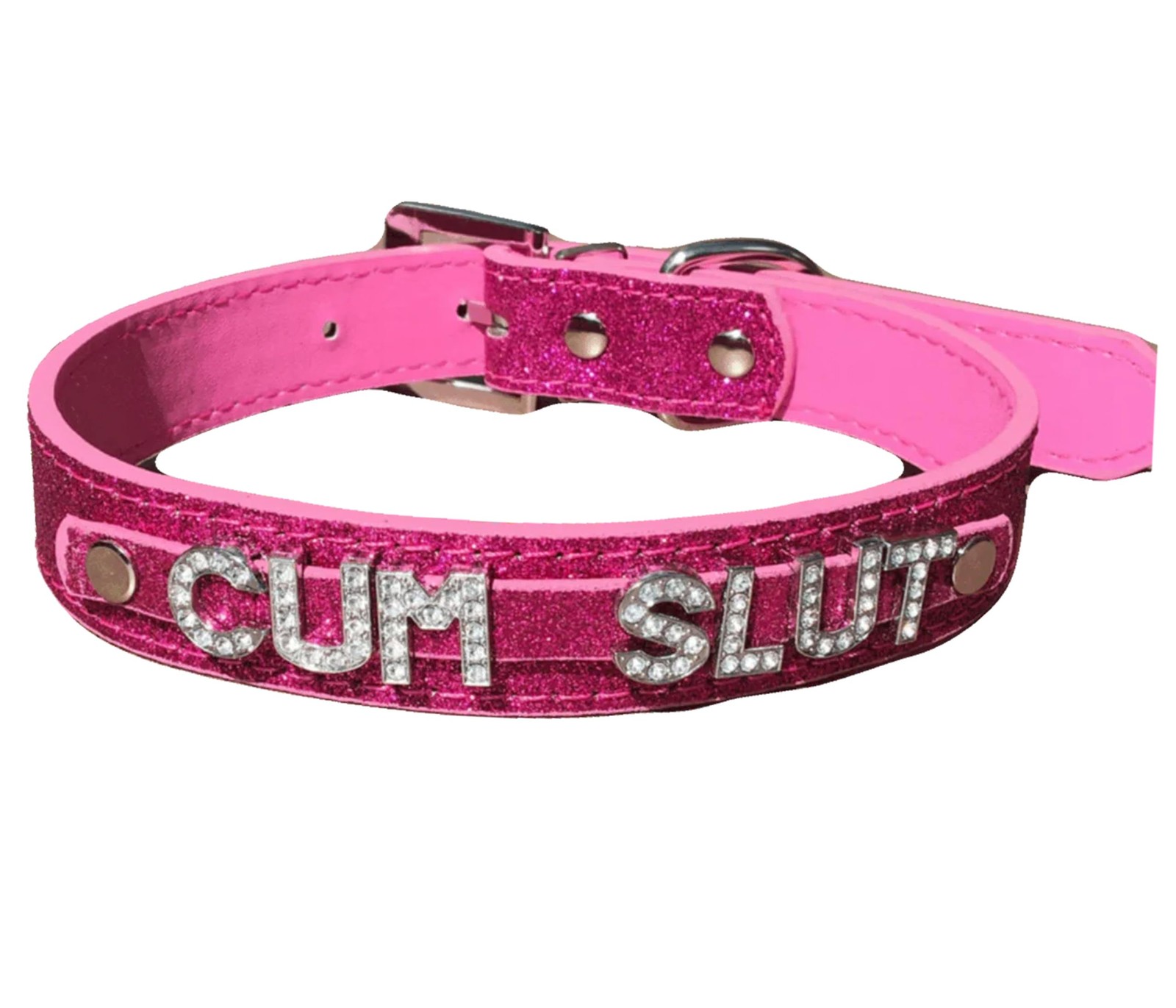 Hot Pink PU Vegan Leather Bondage Type BDSM Choker Collar Rhinestone CumSlut …