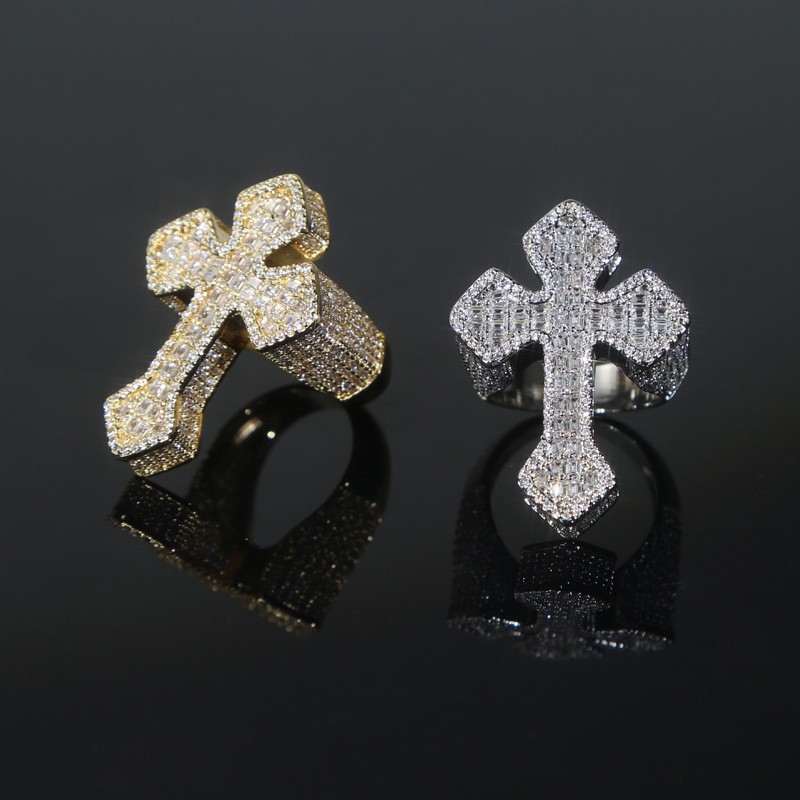 18K Gold Plated Iced CZ Out Cross Ring For Men White Gold Plated Fashion Jewelry