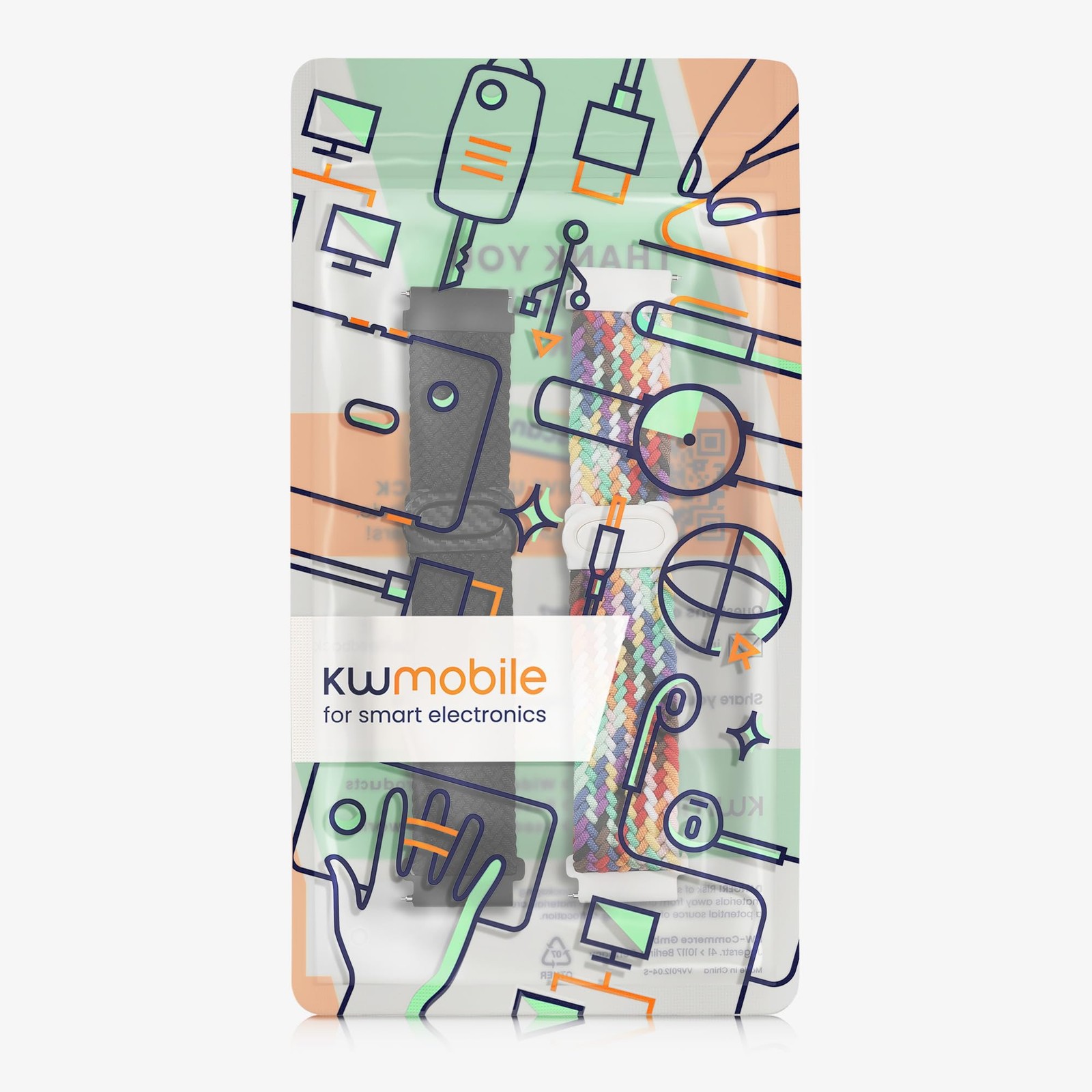 kwmobile 2x Nylon Strap for 5.9 – 7.5 inches (15 – 19 cm), black / multicolor