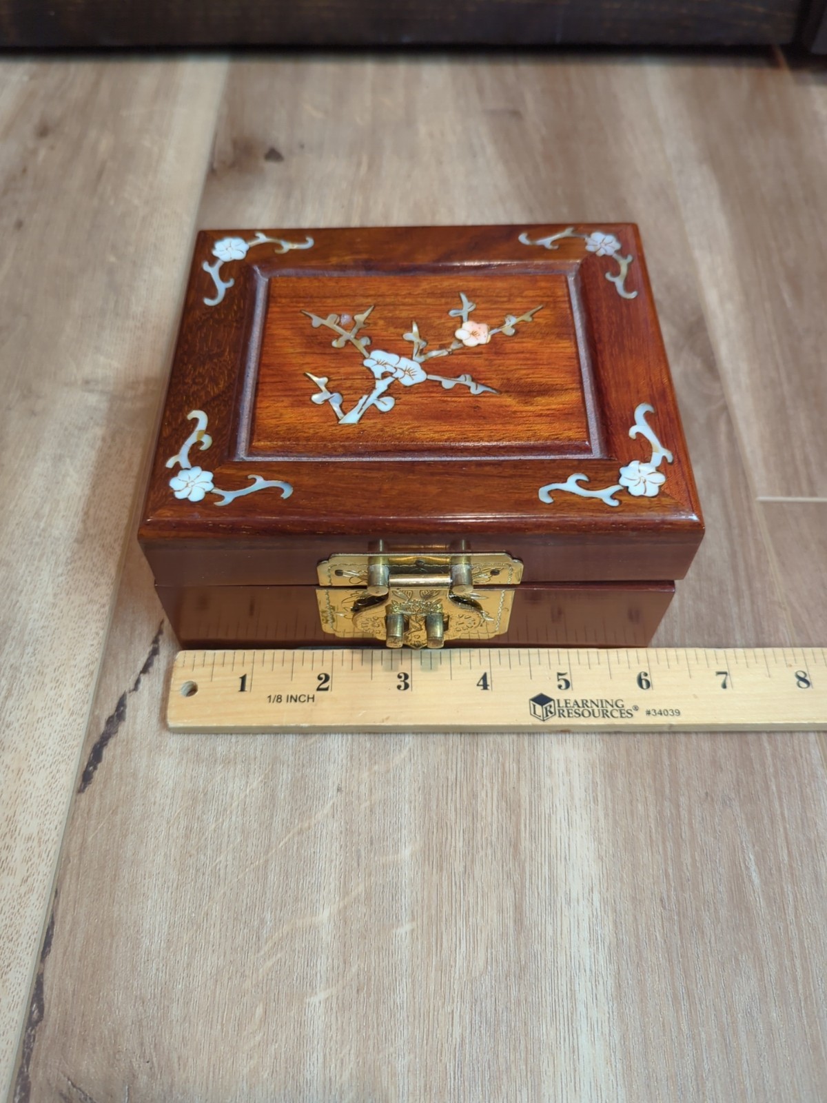Vintage Lacquered Asian Wood Jewelry Box Mother Of Pearl Inlay