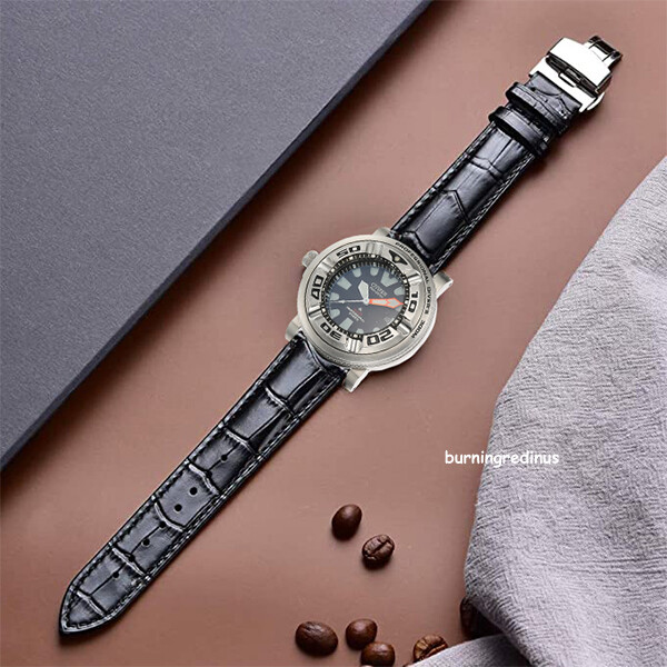 For Citizen Eco-Drive Promaster BJ8050-08 24mm Leather Watch Band+Silver Adapter