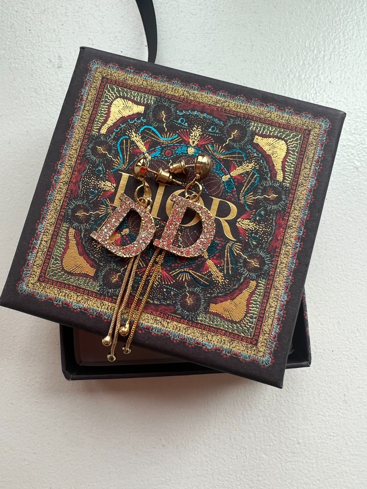 Vintage CHRISTIAN DIOR Gold Tone Crystal Logo Pieced Earrings