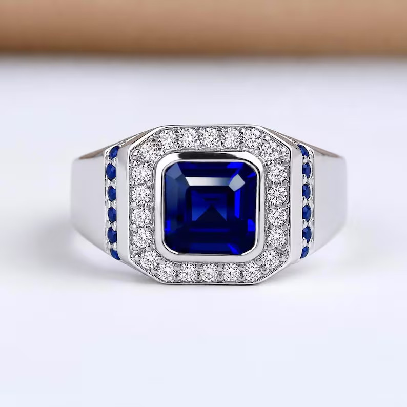 Solid 925 Sterling Silver Asscher Cut Blue Sapphire Ring September Birthstone