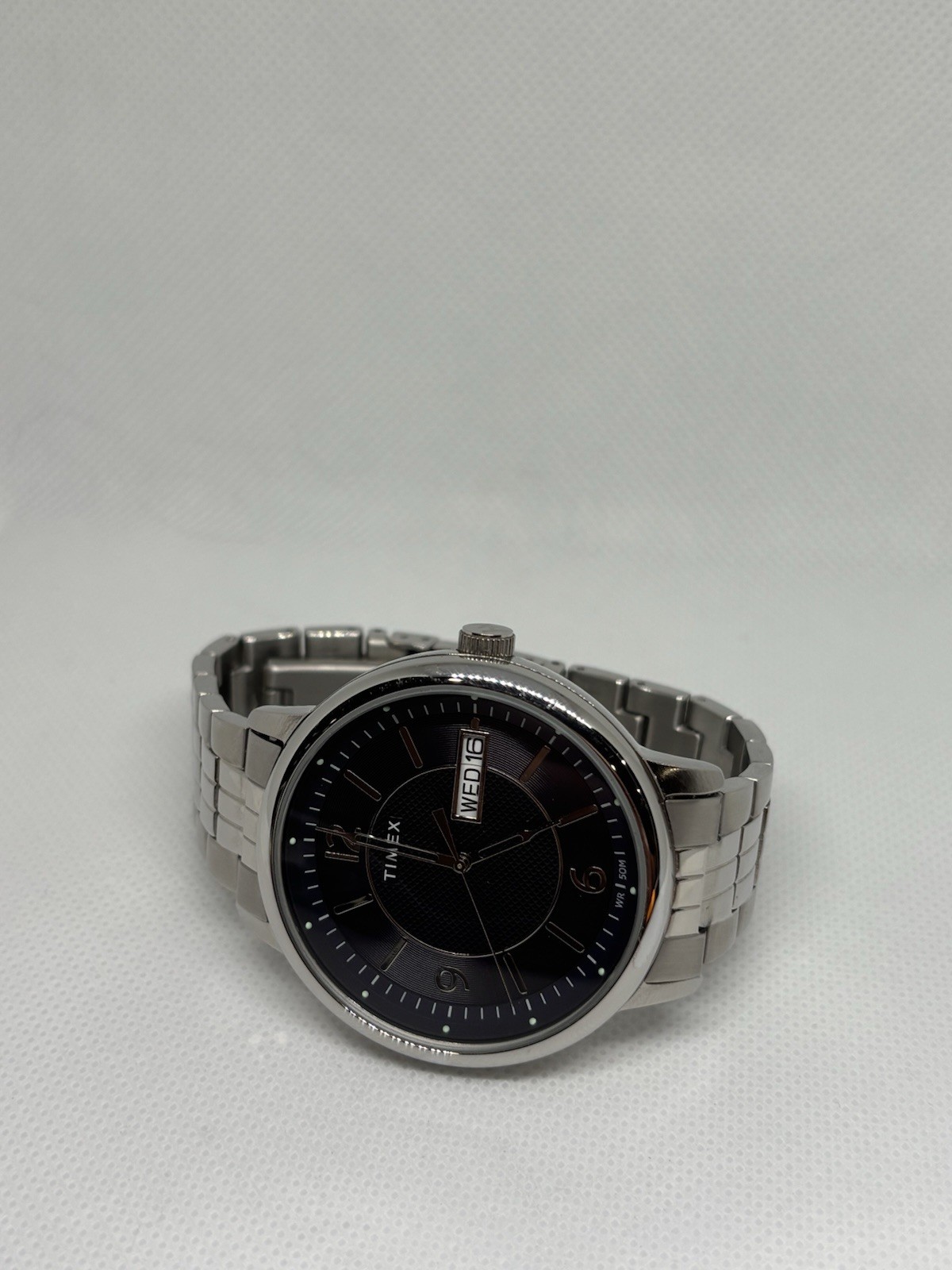 Timex Men’s Blue Dial Day Date Quartz Watch Stainless Steel WR50M Working