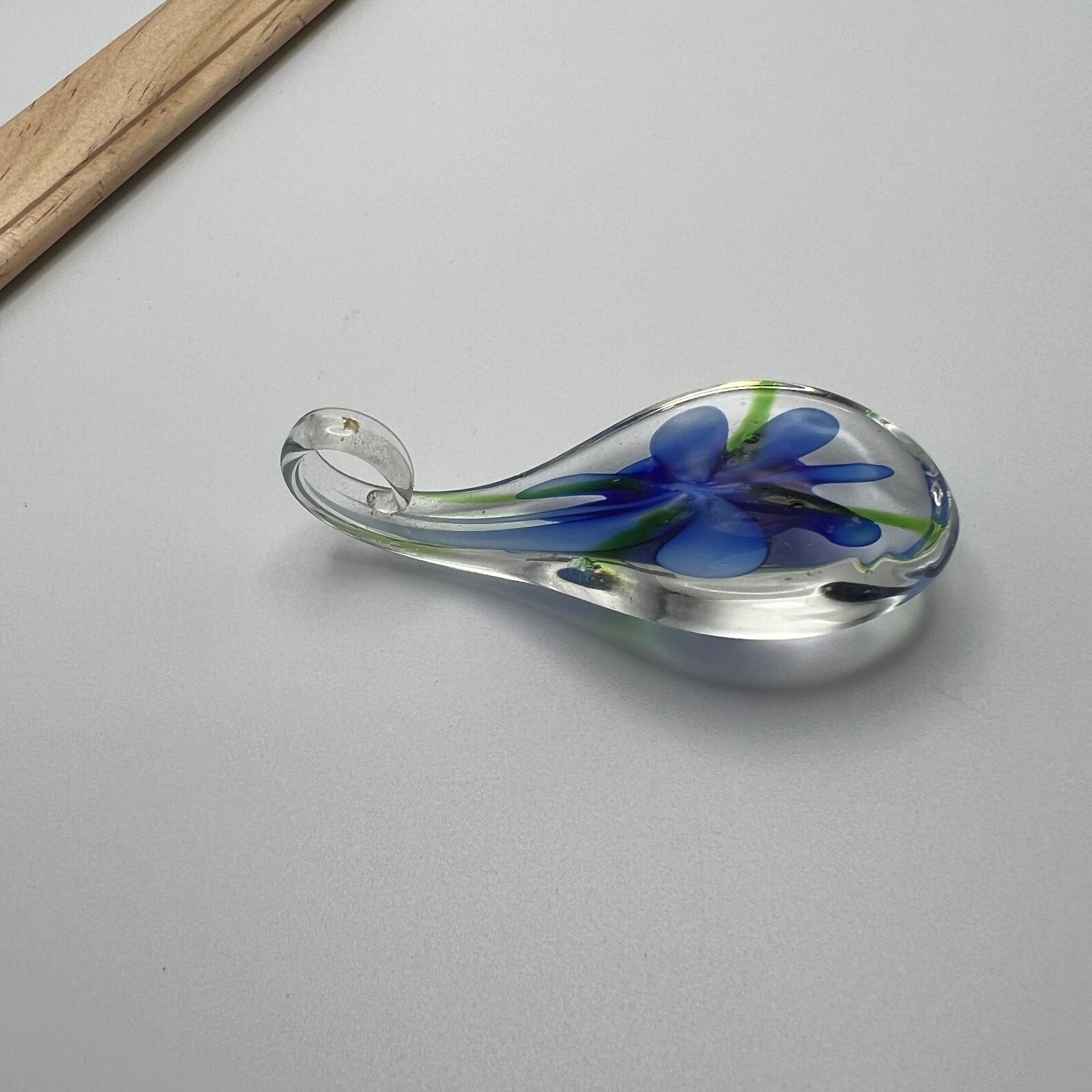 Blue Flower Glass Pendant Teardrop 2 1/2 inches