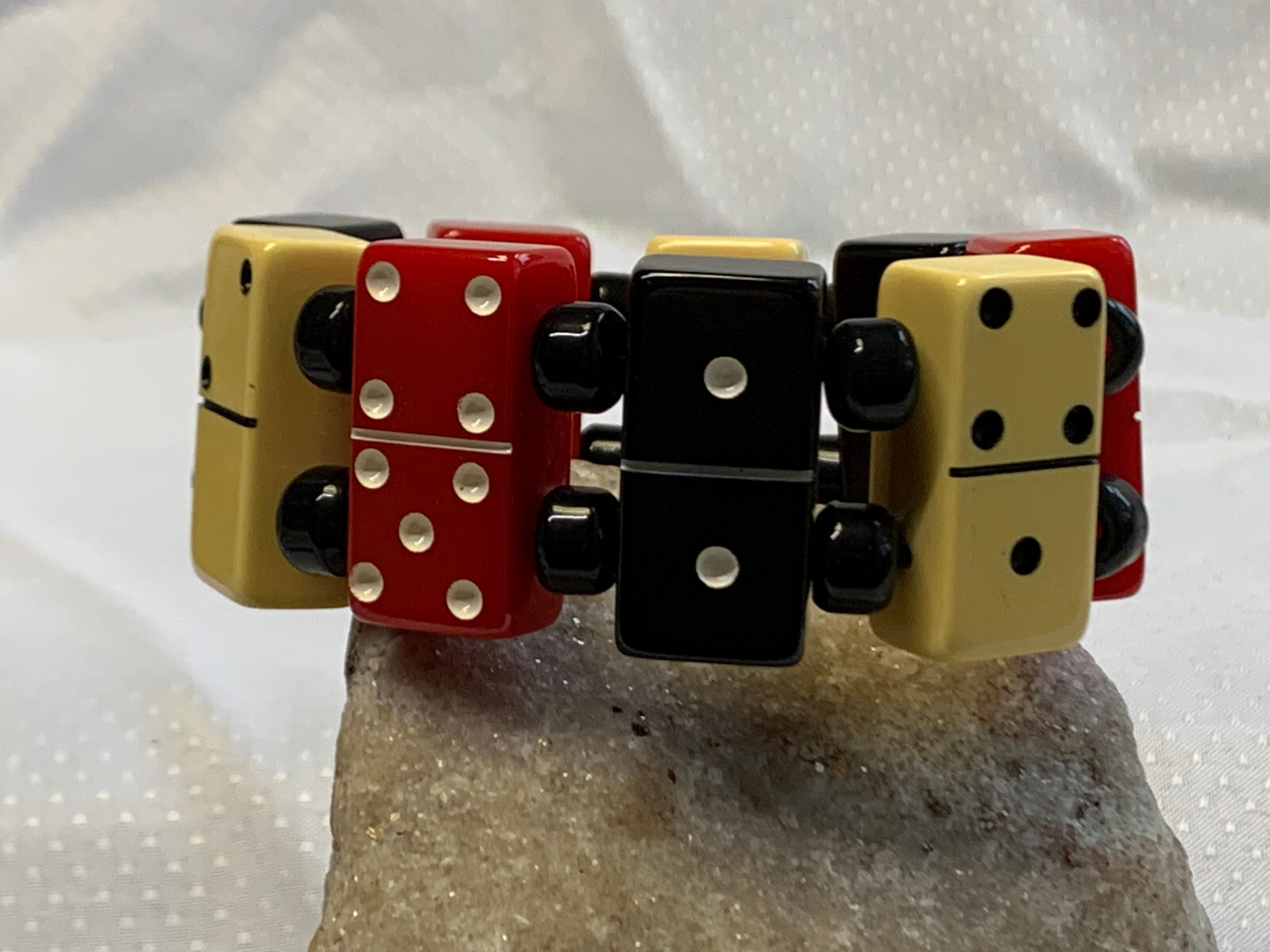Vtg Domino Stretch 9.5″ Bracelet Fashion Jewelry Cherry Red Yellow Black Tiles