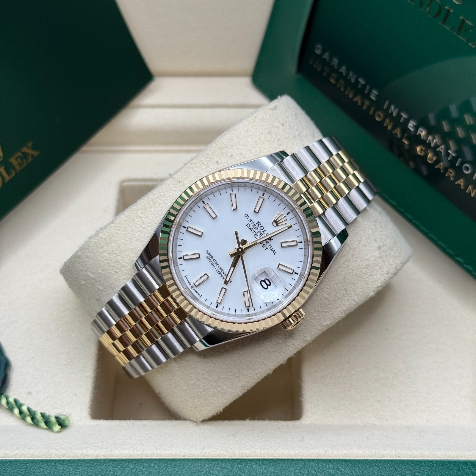 Rolex Datejust 36 White Index Dial Two Tone Yellow Gold Fluted Jubilee Bracelet