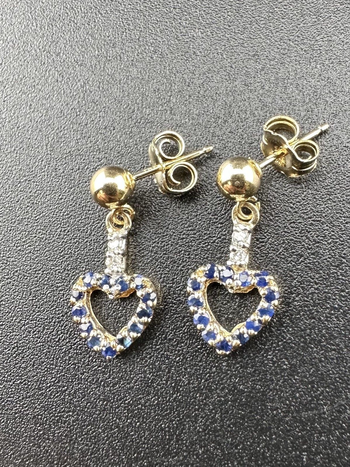 14k Yellow Gold Natural Sapphire & 0.02ct Diamond Heart Dangle Earrings 0.90dwt