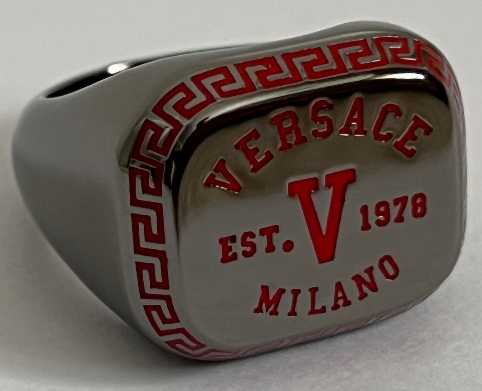 NIB Versace Varsity Red V Greek Key Logo Ruthenium Signet Ring Sz 17 US 8 $495