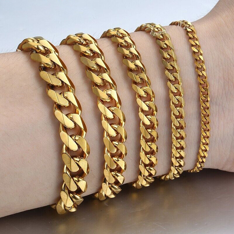 14K Gold Plated Stainless Steel Cuban Curb Chain Necklace Bracelet 3/5/7/9/11mm